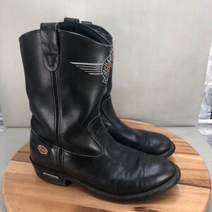 Harley Davidson Black Leather Motorcycle Boots Men Size 10 M Pull On Western